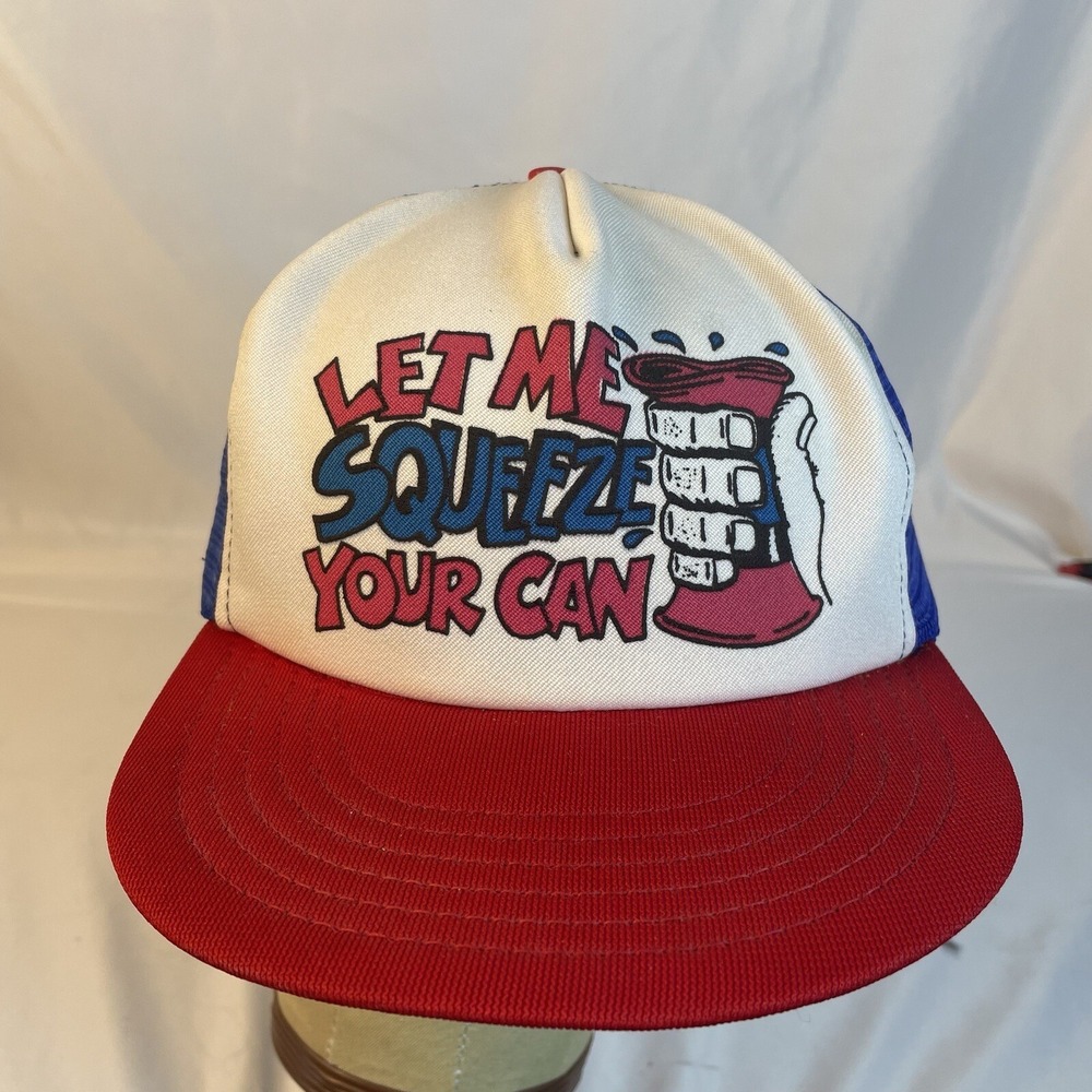 Let Me Squeeze Your Can Hat Vintage Trucker Mesh SnapBack USA Made Funny Cap 80s